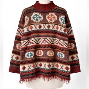 Vintage 90s Southwestern Fringe Sweater Wool Mohair Blend Boho Cabin Knit Small